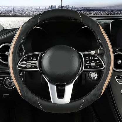 Car Steering Wheel Cover, Leather Steering Wheel Cover Beige Universal 14.5-15 Inch Microfiber Leather Anti-Slip Breathable Auto Steering Wheel Covers for Men Women (Black&Beige)