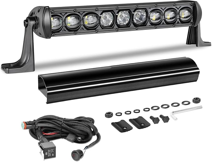 12 Inch Single Row Light Bar Kit 63W OSRAM LED | Slim LED Light Bar w/ Wiring Harness Black Cover Combo Off Road Driving Bumper Lights for UTV ATV SUV Trucks Pickup Can-am