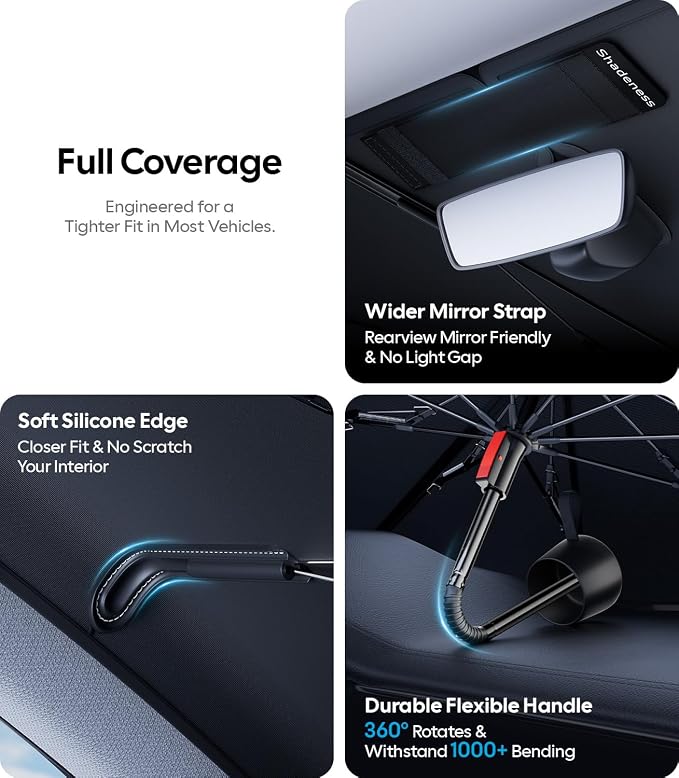 Wigoo Ice-Shield Car Windshield Sun Shade [100% Sun Block, 4th-Gen Cooling Tech] Reflective Heat Insulation, Portable Foldable Front Window Sunshade Umbrella- Large - Universal Fit 60"x36"