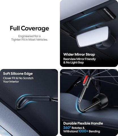 Wigoo Ice-Shield Car Windshield Sun Shade [100% Sun Block, 4th-Gen Cooling Tech] Reflective Heat Insulation, Portable Foldable Front Window Sunshade Umbrella- Large - Universal Fit 60"x36"