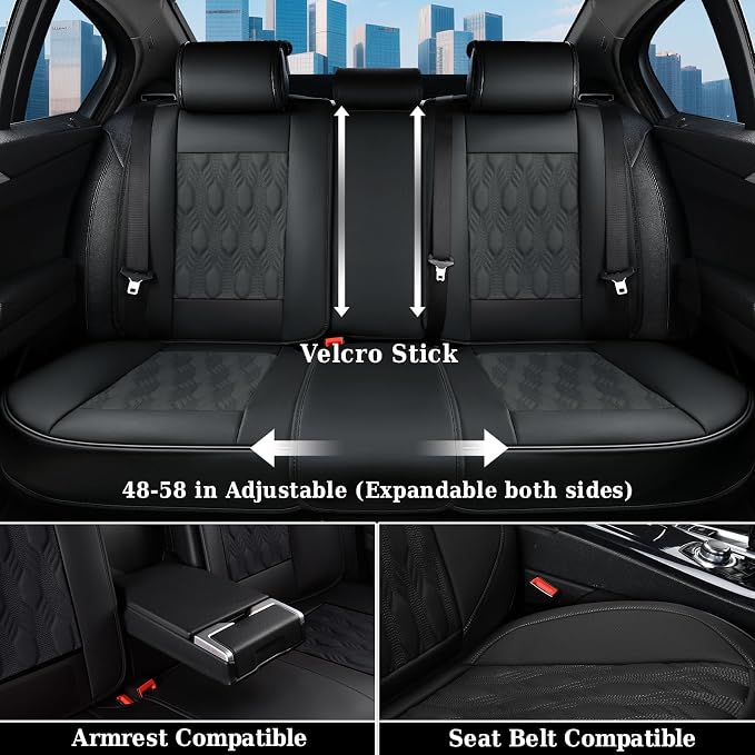 Coverado Car Seat Cover, Black Luxury Seat Cover for Cars, Premium Nappa Leather Seat Covers Full Set with Embossed Pattern, Waterproof Car Seat Protector Car Seat Cushions Universal Fit Most Vehicle