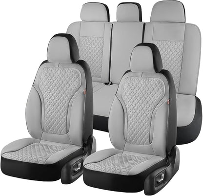 Coverado Car Seat Covers 5 Seats, Luxury Diamond Leather Seat Covers Full Set, Carbon Fiber Textured Design, Durable Waterproof Seat Protectors, Automotive Seat Covers Universal Fit Most Cars, Gray