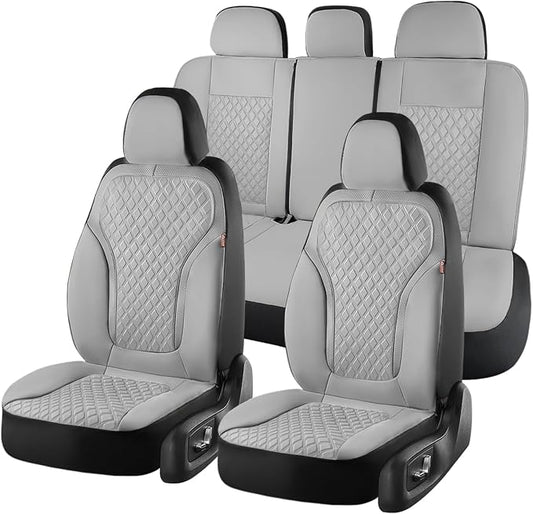Coverado Car Seat Covers 5 Seats, Luxury Diamond Leather Seat Covers Full Set, Carbon Fiber Textured Design, Durable Waterproof Seat Protectors, Automotive Seat Covers Universal Fit Most Cars, Gray