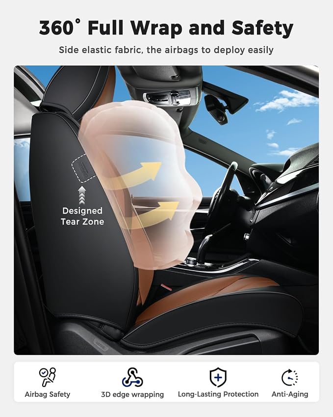 Huidasource Front Seat Covers, Universal Fit for Most Cars SUV Trucks, Full Coverage Leather Seat Cover, Airbag Compatble, Seat Function Retain, Storage Pocket Design, Easy to Install, Black & Brown
