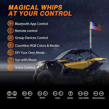 Nilight RGB Whip Light 1PC 5FT Lighted Antenna Whips with Remote & App Control DIY Chasing Patterns Brake Reverse Lights for ATV UTV Polaris RZR Can-am Dune Buggy Pickup Trucks Jeep