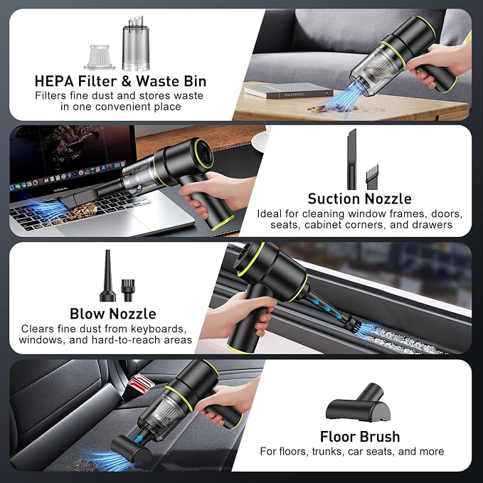 KMM Handheld Car Vacuum Cleaner, 9000PA Vacuum Cleaner & Air Duster, 120W High Power Vacuum Portable Cordless, Hand Held Vacuum Rechargeable with Multi-Nozzles & LED Light for Home, Car, Office