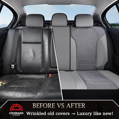 Coverado Leather and Air Mesh Seat Cover, Car Seat Cover Rear Seats, 3D Breathable Seat Protectors Sports Carbon Fiber Design Airbag Compatible Comfort Universal for Most Cars, Van,Trucks, SUV, Grey