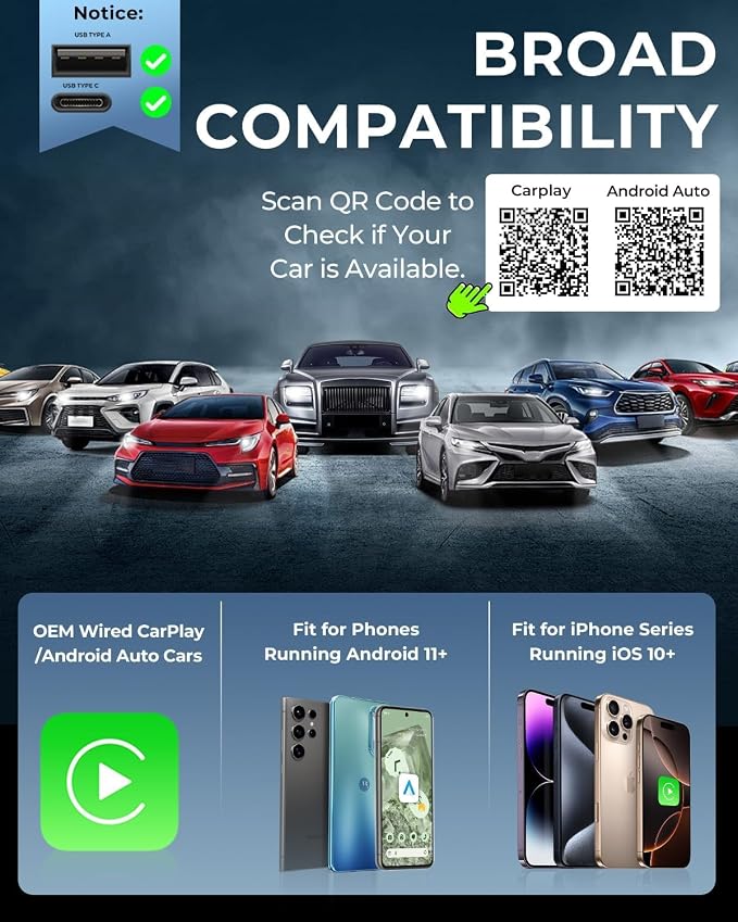 2 in 1 Wireless Carplay Adapter for iPhone Apple & Android Auto Wireless Adapter, [0 Delay & Stable Transmission] 5.8GHz Dual-Core Smart Chip Plug & Play Phone for iOS 10+/Android 11+ 2025 Blue