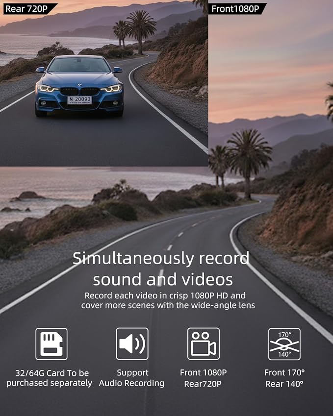 Dash Cam Front and Rear, Biuone 1080P FHD Dash Camera for Cars, 3" IPS Display Full HD170° Wide Angle Car Dash Cam with Night Vision, G-Sensor, Loop Recording, Parking Monitor, Motion Detection,WDR