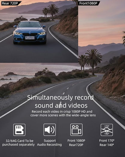Dash Cam Front and Rear, Biuone 1080P FHD Dash Camera for Cars, 3" IPS Display Full HD170° Wide Angle Car Dash Cam with Night Vision, G-Sensor, Loop Recording, Parking Monitor, Motion Detection,WDR
