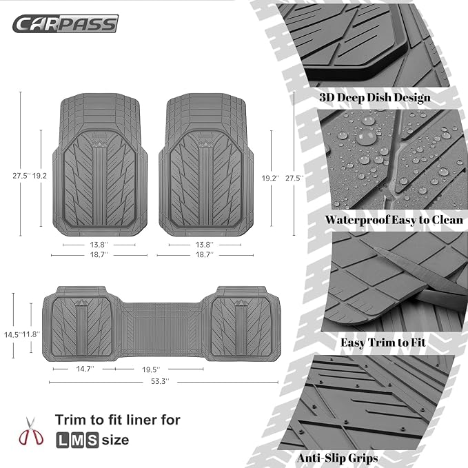 CAR PASS Heavy Rubber Car Floor Mats, Deep Waterproof Car Mats All Weather, Universal Trim-to Fit Automotive Floor Mats for Car SUV Truck Van, Durable Floor Liners (All Gray)