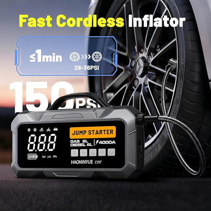 4000A Car Jump Starter with Air Compressor, Car Jumper 150PSI Portable Car Battery Jump Starter, 12V Jump Box Battery Pack (8L Gas 6L Diesel Engine) with Boost, LEDLight and Jumper Cables