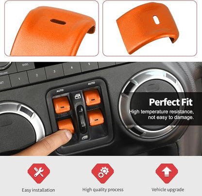 Jimen for JK Window Button Covers, 4PCS Center Console Window Switch Cover Interior Trim Kits Compatible with Jeep Wrangler JK & Unlimited 2012-2018, Aluminum Alloy (Orange)