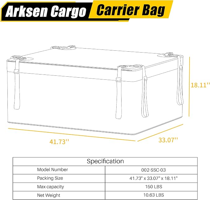 ARKSEN Roof Top Luggage Storage Bag for 43" x 39" Roof Baskets Waterproof 14.5 Cubic Feet (41.73" L x 33.07" W x 18.11" H) with 8 Straps Anti-Slip Mat 4 Door Hooks for All Vehicles with/Without Rack