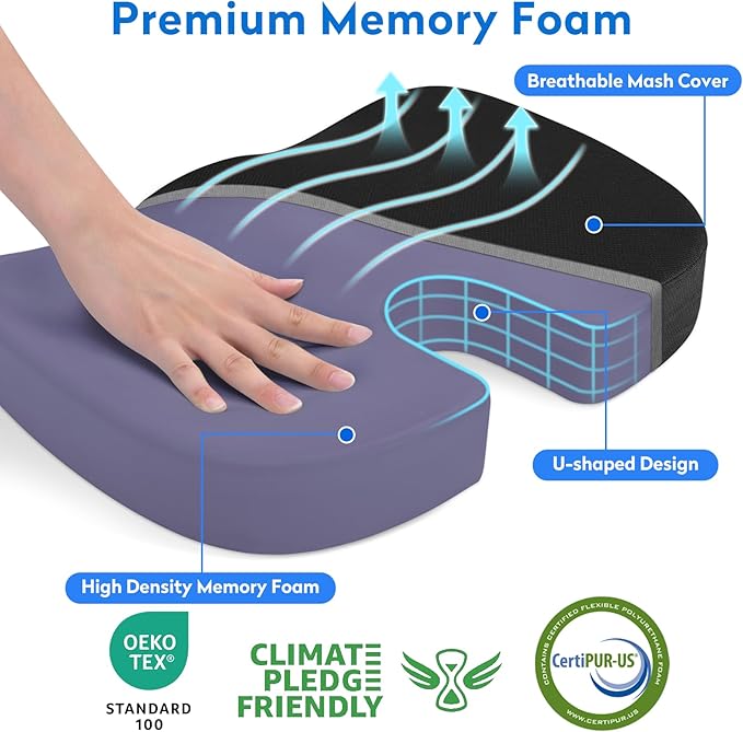 CushZone Seat Cushion, Office Chair Cushions, Car Seat Cushion, Non-Slip Sciatica & Back Coccyx Tailbone Pain Relief Chair Pad, Memory Foam Pillow for Computer Desk, Wheelchair, Driving(Black)