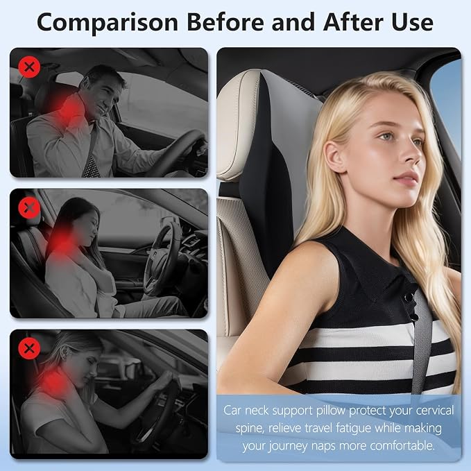 BABUR Car Neck Pillow for Driving Seat, Memory Foam Car Headrest Pillow, Ergonomic Neck Support, Breathable Removable Cover, Adjustable Strap, Pain Relief for Long Drives, Universal Fit | Gray