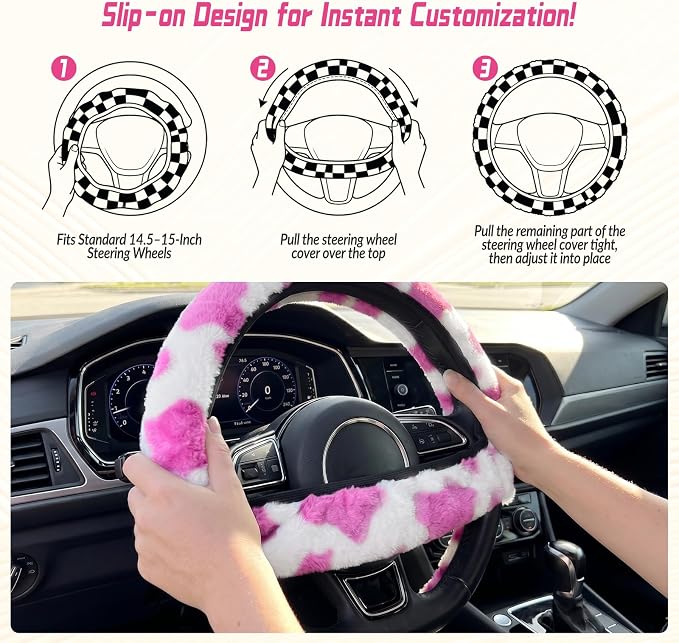 5 Pcs Fuzzy Cow Print Car Accessories Set, Soft Fluffy Plush Steering Wheel Cover, Center Console Armrest Pad & Rearview Mirror Cover - Interior Decorations for Women,Universal Fit (Pink Cow)