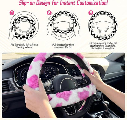5 Pcs Fuzzy Cow Print Car Accessories Set, Soft Fluffy Plush Steering Wheel Cover, Center Console Armrest Pad & Rearview Mirror Cover - Interior Decorations for Women,Universal Fit (Pink Cow)