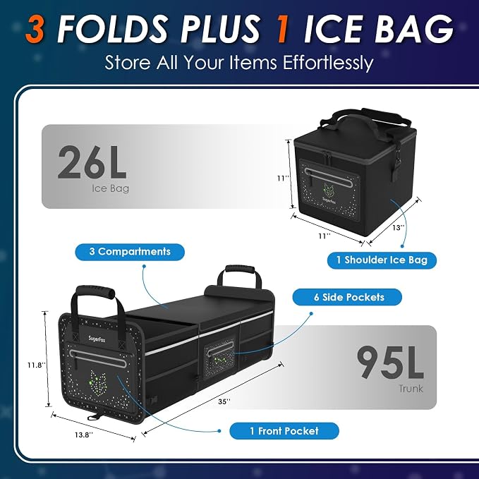 SugarFox Car Trunk Organizer | Foldable, Waterproof | Trunk Organizer for SUV/Cars | Car Organizers & Storage - Car Accessories for Women -M004 (Black With Ice Pack, X-Large)