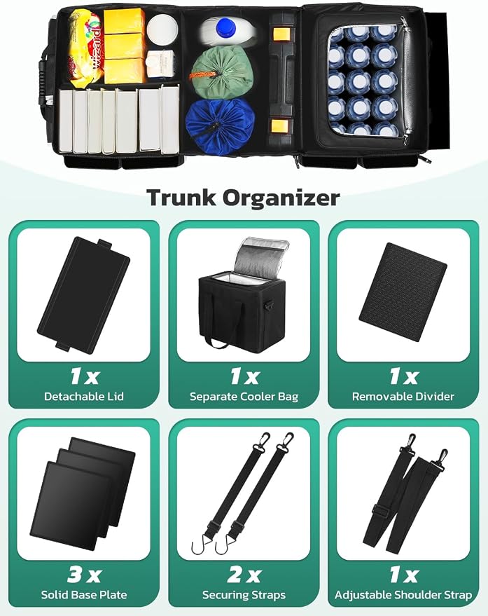 Oasser Trunk Organizer with Cooler Bag 95L, Bearing 110lb No Deformation, Collapsible with Multi Compartments, Removable Insulated Bag, Foldable Lid, Non Slip Bottom, 2 Adjustable Straps (Black&Grey)