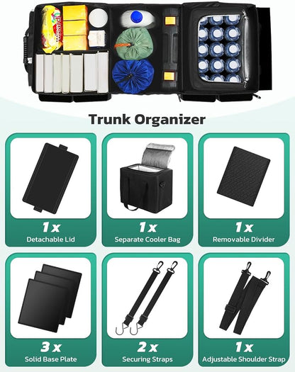 Oasser Trunk Organizer with Cooler Bag 95L, Bearing 110lb No Deformation, Collapsible with Multi Compartments, Removable Insulated Bag, Foldable Lid, Non Slip Bottom, 2 Adjustable Straps (Black&Grey)