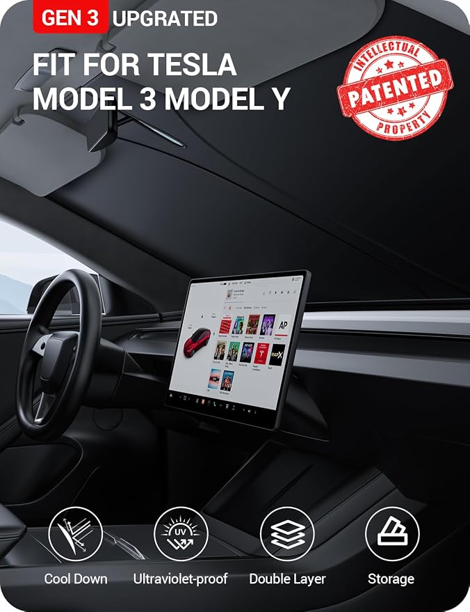 BASENOR 2026 Tesla Model Y/3 Windshield Sunshade, [Nano Ice Crystal] Folding Front Window Sun Shade Cover Heat UV Protection Visor Model Y/3 Accessories 2017-2026