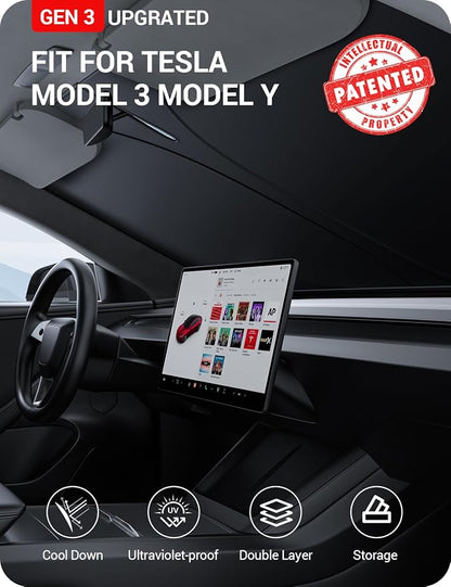 BASENOR 2026 Tesla Model Y/3 Windshield Sunshade, [Nano Ice Crystal] Folding Front Window Sun Shade Cover Heat UV Protection Visor Model Y/3 Accessories 2017-2026