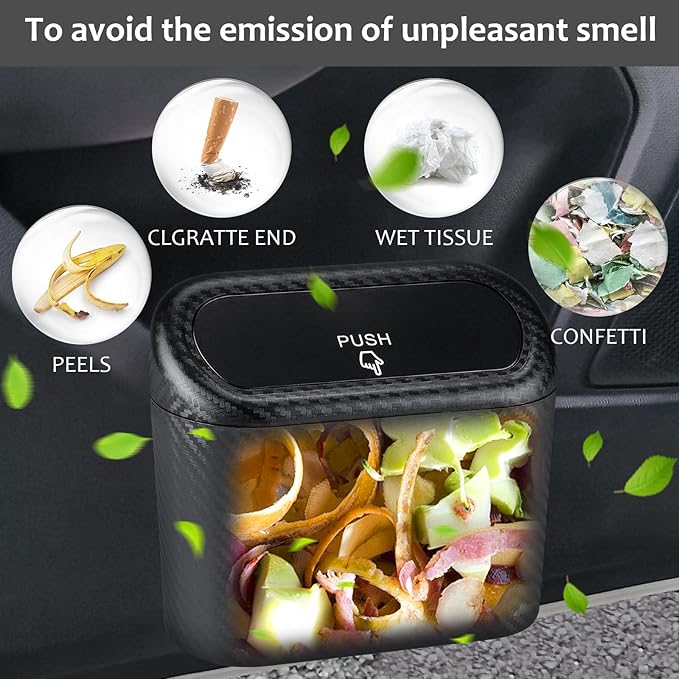 Accmor Car Trash Can with Lid, Mini Vehicle Trash Bin Portable Car Dustbin Garbage Organizer Holder with One Roll Trash Bag, Small Hanging Leakproof Auto Storage Bag Container (Carbon Fiber)