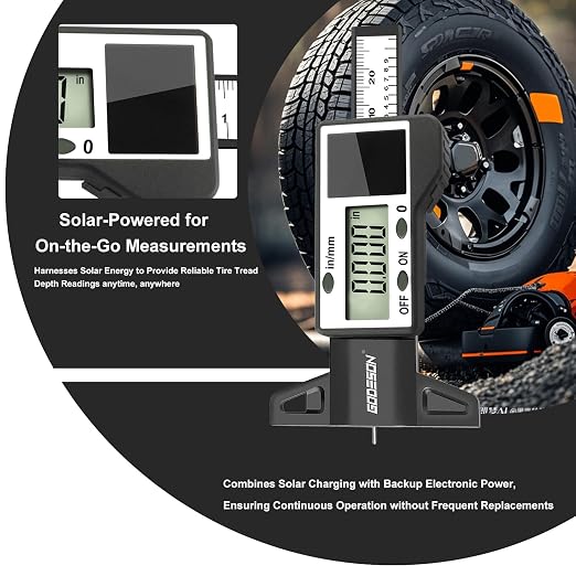 GODESON Digital Tire Tread Depth Gauge, Solar & Battery Power,1" / 25.4mm Range, Inch/MM Display, Black Universal Tire Wear Depth Gauge for All Vehicles (Car, Truck, SUV)