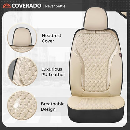 Coverado Front Seat Covers, 2-Pack Luxury Leather Car Seat Cover with Carbon Fiber Weave, Waterproof Car Seat Protectors, Spill-Proof Car Seat Cushion, Beige Seat Covers Universal Fit for Most Cars
