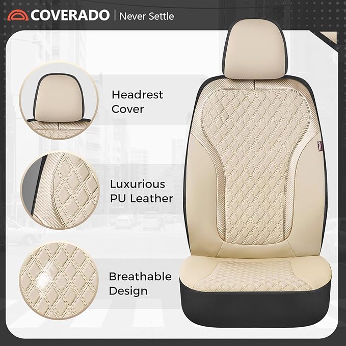 Coverado Car Seat Covers Full Set, Beige Car Seat Covers, Luxury Leather Car Seat Cover with Carbon Fiber Textured Design, Spill-Proof Seat Cushions, Automotive Seat Cover Universal Fit Most Cars