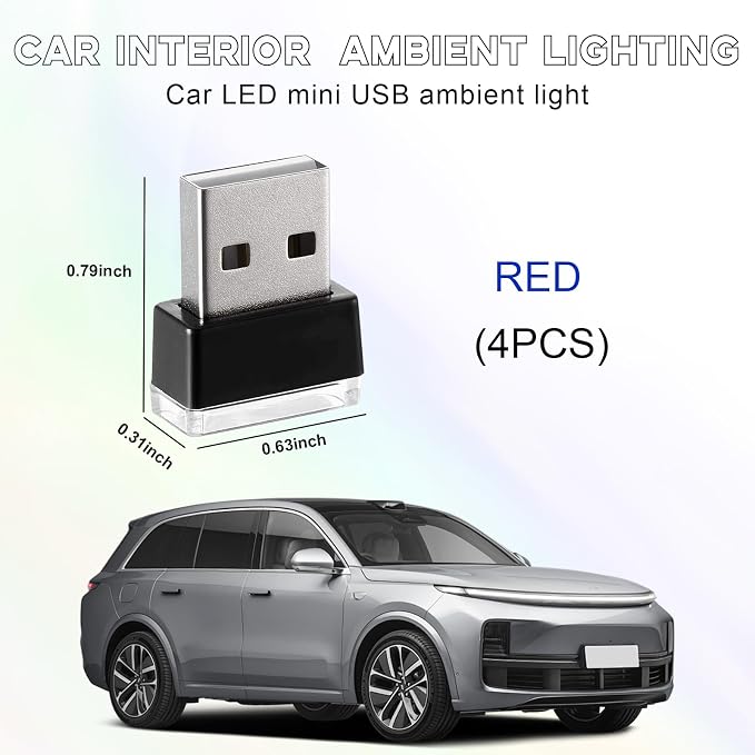 4 PCS USB LED Car Interior Atmosphere Lamp, Portable Mini LED Night Light, Plug-in USB Interface Trunk Ambient Lighting Kit, Universal Interior Car Accessories (Red)