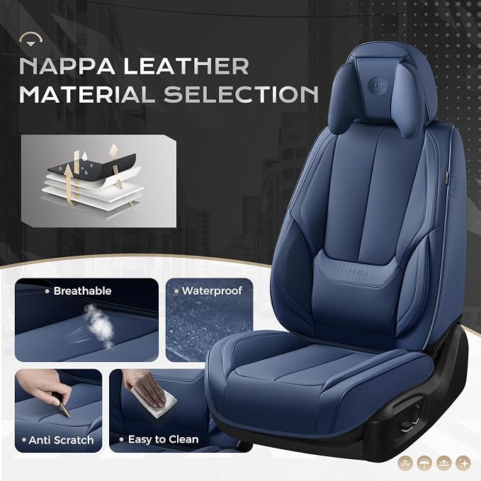 Coverado Seat Covers, Car Seat Covers Front Seats, Car Seat Cover, Car Seat Protector Waterproof, Seat Cushion Nappa Leather with Head Pillow, Carseat Cover Universal Fit for Most Cars (Blue)