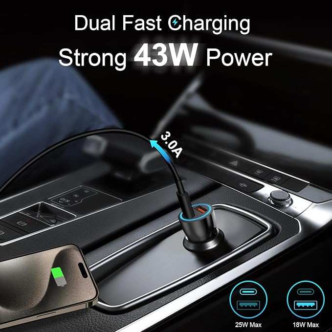 iPhone 17 16 15 Car Charger, [Apple MFi Certified] USB C Car Charger 43W Fast Charging with 3.3 FT Type C to C Cable, USB Car Adapter for iPhone 17/17 Pro/17 Pro Max/Air/16/15
