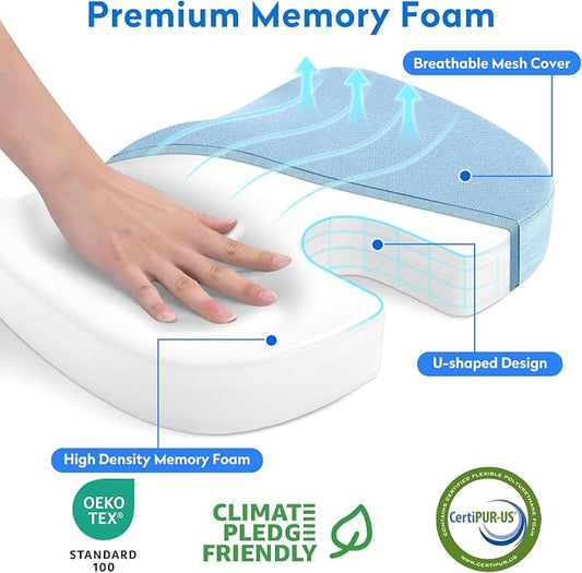 CushZone Seat Cushion, Office Chair Cushions, Car Seat Cushion, Non-Slip Sciatica & Back Coccyx Tailbone Pain Relief Chair Pad, Memory Foamr (Large,Light Blue)