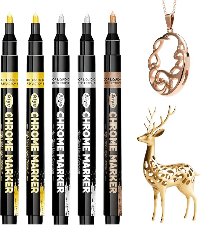 5Pcs Liquid Mirror Chrome Paint Markers, Silver Gold & Copper Permanent Mirror Metallic Markers, Reflective Gloss for Plastic, Metal, Jewelry, Wheel, Model Car Touch Up Repair Kit & DIY Craft