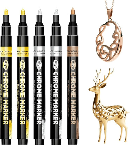 5Pcs Liquid Mirror Chrome Paint Markers, Silver Gold & Copper Permanent Mirror Metallic Markers, Reflective Gloss for Plastic, Metal, Jewelry, Wheel, Model Car Touch Up Repair Kit & DIY Craft