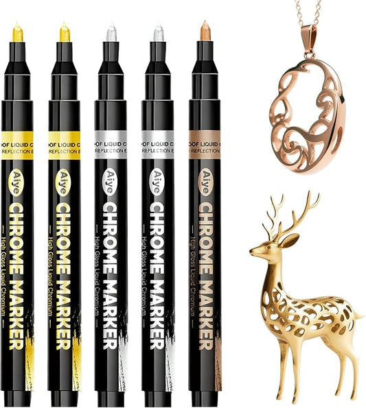 5Pcs Liquid Mirror Chrome Paint Markers, Silver Gold & Copper Permanent Mirror Metallic Markers, Reflective Gloss for Plastic, Metal, Jewelry, Wheel, Model Car Touch Up Repair Kit & DIY Craft