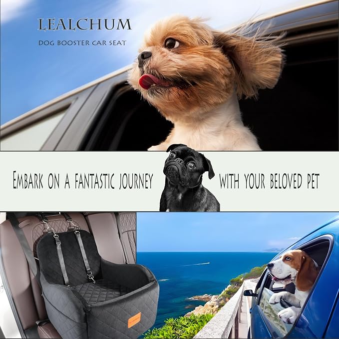 Lealchum Dog Booster Car Seat for Small/Medium Dogs Up to 35lbs,Elevated Cushion Fits in Front/Back Seat,Fully Detachable and Washable,2 Storage Pockets & Dog Leashes,Easy to Install(Black,Medium)