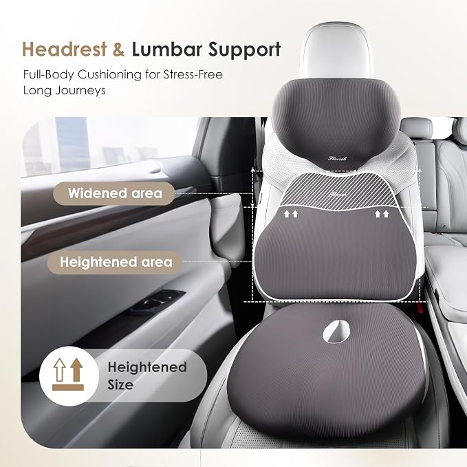 FLORICH Car Seat Cushion & Lumbar Support Pillow & Car Neck Pillow, Ergonomic Memory Foam Driving Seat Cushion for Back & Sciatica Pain Relief, Non-Slip Washable Cushion for Car, Driver, Office-Gray