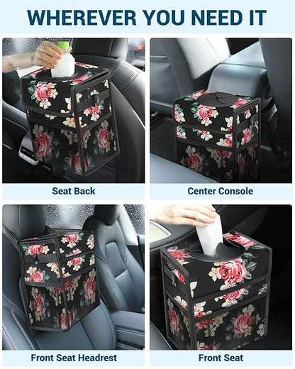 Capolo Car Trash Can with Lid, Leakproof Car Trash Bag Hanging Waterproof Automotive Garbage Can with Storage Pockets Mini Vehicle Trash Bin for Back/Front Seat(Flower,2.5 Gallon)