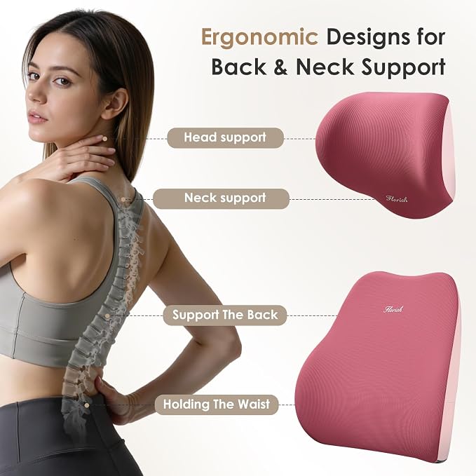 FLORICH Car Seat Cushion & Lumbar Support Pillow & Car Neck Pillow, Ergonomic Memory Foam Driving Seat Cushion for Back & Sciatica Pain Relief, Non-Slip Washable Cushion for Car, Driver, Office-Pink