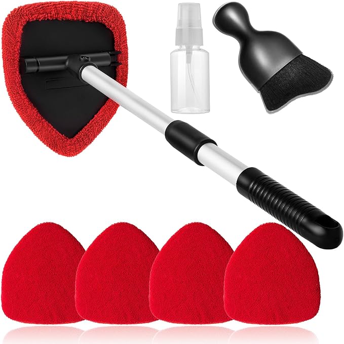 Qydipclin 7pcs Windshield Cleaner Tool Car Window Cleaning Wash Kit with 4 Reusable Microfiber Pads 1 Spray Bottle and Extendable Handle Auto Glass Wiper Kit, Red