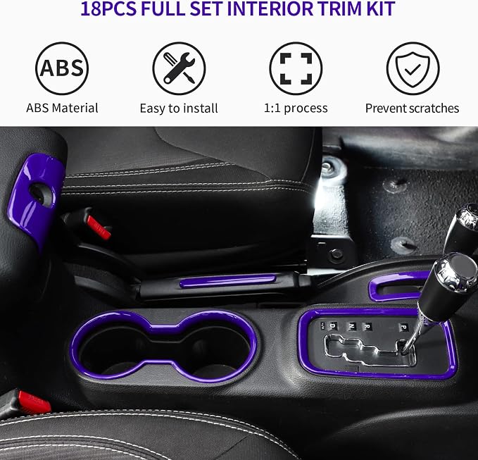 18PCS Full Set Interior Trim Kit for Jeep Wrangler JK JKU 2011-2018 4 Door,Center Console Door Handle Side Outlet Cup Holder Gear Cover Trim (Purple)