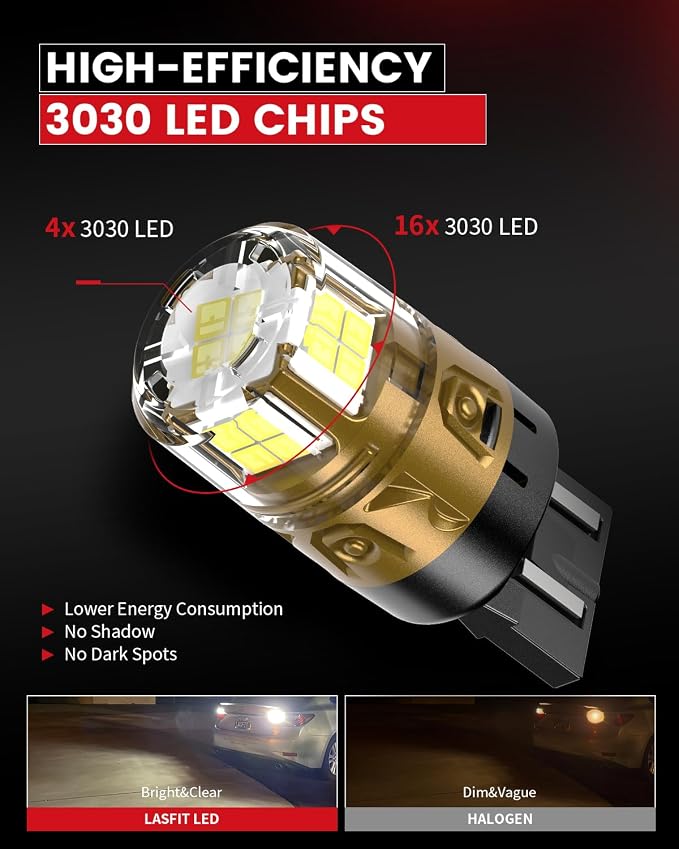 LASFIT 7443 7440 LED Bulbs Reverse Backup Light, 7444 7444na White T20 Daytime Running DRL Parking Lamp L-7440 W21W WY21W 6000K for Automotive Replacement, Plug and Play, Pack of 2