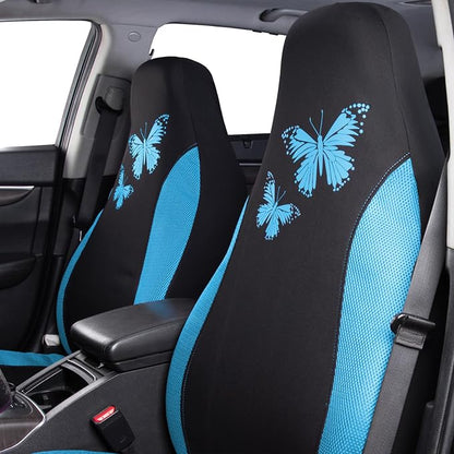 Flying Banner Butterfly car seat Covers ful Set Fashion Universal Lady Woman Female Rear Bench Split Colorized (2 Fronts, Mint Blue)