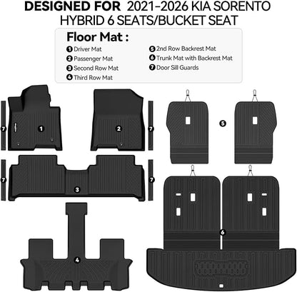 Floor Mats for 2021-2026 Kia Sorento Hybrid 6 Seats/Captain Chairs (Not for Gas), Trunk Mat & Backrest Mat & Door Sill Guard All Weather TPE Protector for Sorento Accessories