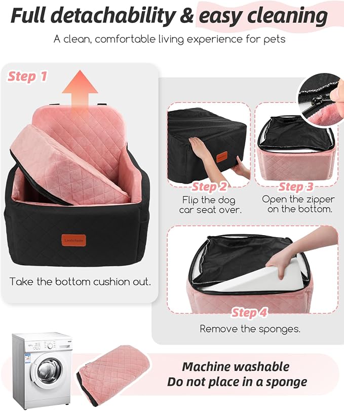Lealchum Dog Booster Car Seat for Small/Medium Dogs,Puppy Portable Car Bed with Elevated Cushion,Fully Detachable and Washable,2 Storage Pockets,Easy to Install (Black/Pink, Medium)