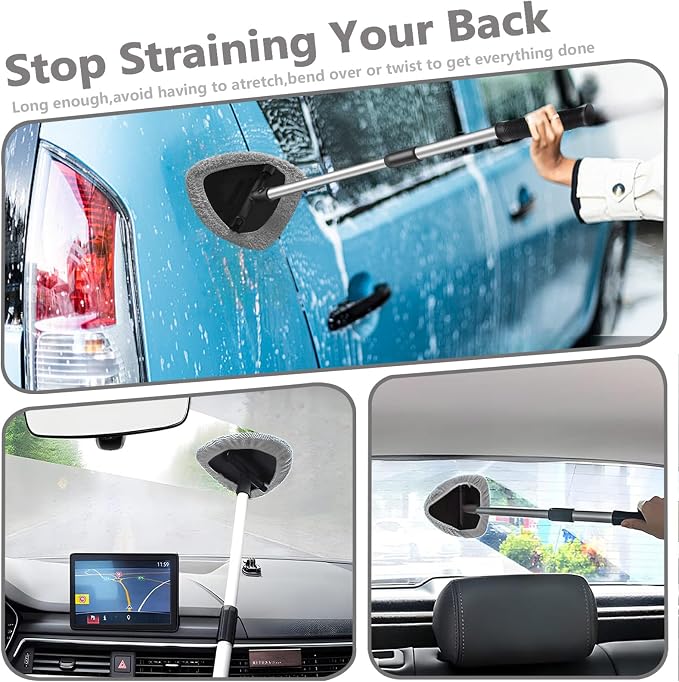 Car Windshield Cleaning Tools, Expandable Car Window Cleaner kit with 4 Reusable Microfiber Pads, Windshield Cleaning Wand Tool, Auto Interior Dust Brush, for Trucks, SUVs, RVs etc