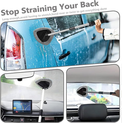 Car Windshield Cleaning Tools, Expandable Car Window Cleaner kit with 4 Reusable Microfiber Pads, Windshield Cleaning Wand Tool, Auto Interior Dust Brush, for Trucks, SUVs, RVs etc